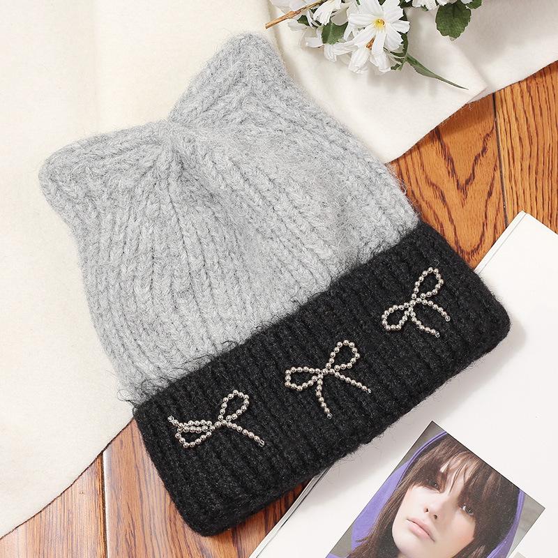 Autumn and Winter New Cute Cat Ears Bow Woolen Hat Versatile Women's Large Head Circumference Ear Protection Knitted Cold Hat