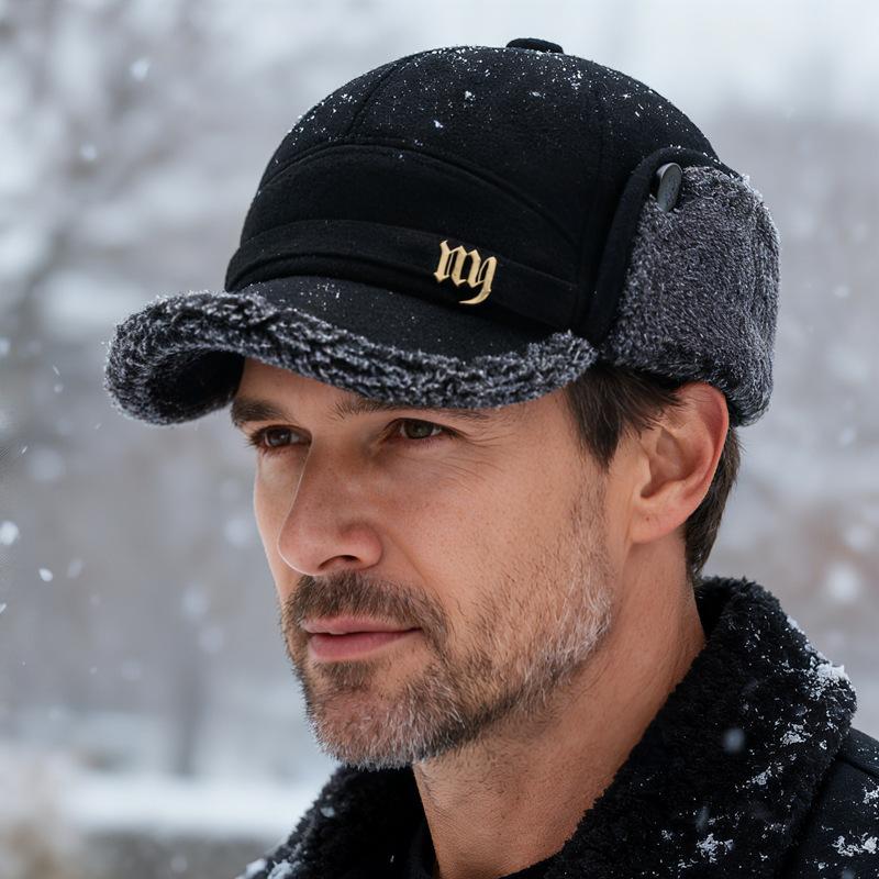 Jesienno-zimowa wełniana czapka baseballowa outdoorowa aksamitna gruba czapka dla mężczyzn w średnim wieku ciepła ochrona uszu pilotka