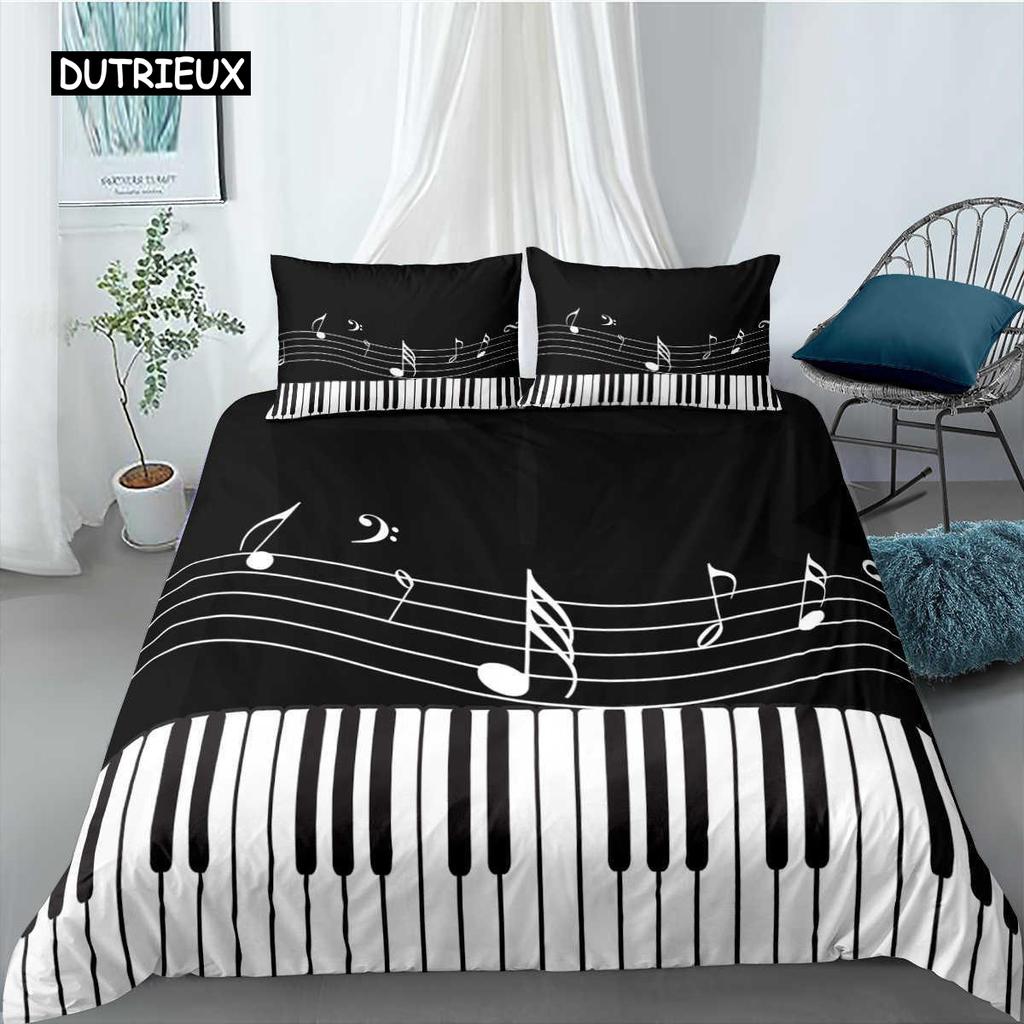 Piano Duvet Cover Set Black Piano Keyboard Music Note Kids Bedding Set Music Theme King Size 2/3pcs Soft Twin Comforter Cover