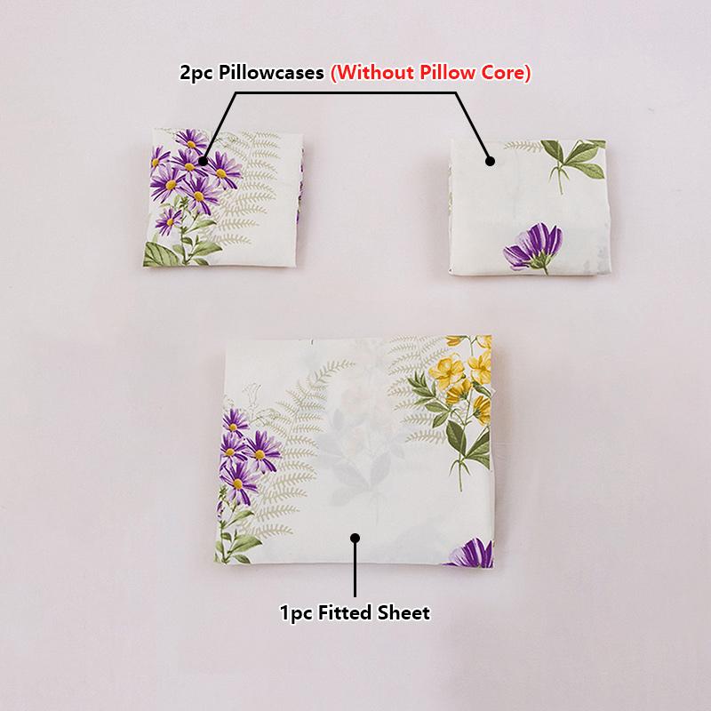 3Pc Purple Rhyme Yellow Flower Bed Sheet 100%Polyester 1Fitted Sheet 2Pillowcase Mattress Cover (No Pillowcase) Queen/King Size