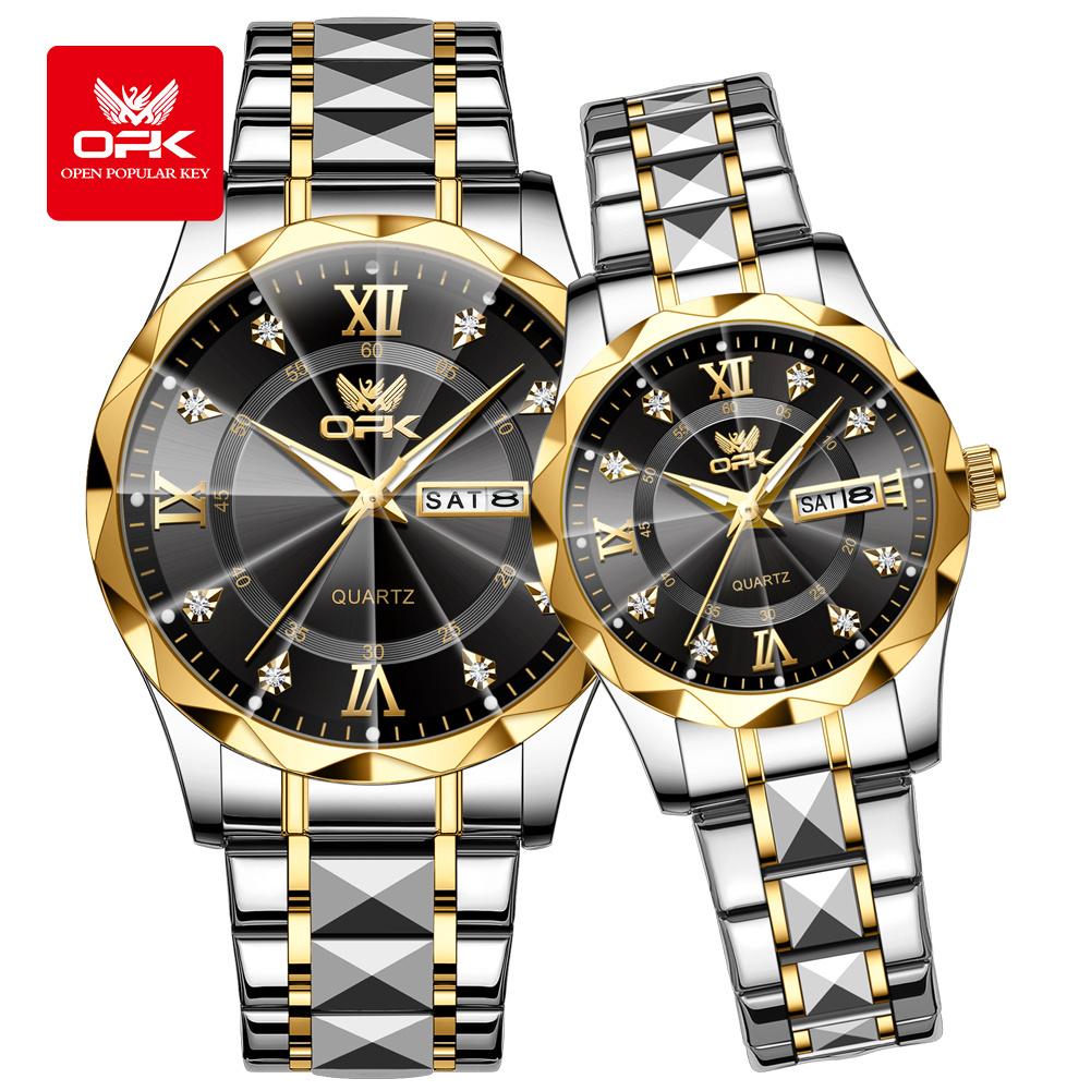 OPK Dual Calendar Waterproof Quartz Watch for Men And Women with Night Light Couple's Watch Cross-Border 6023