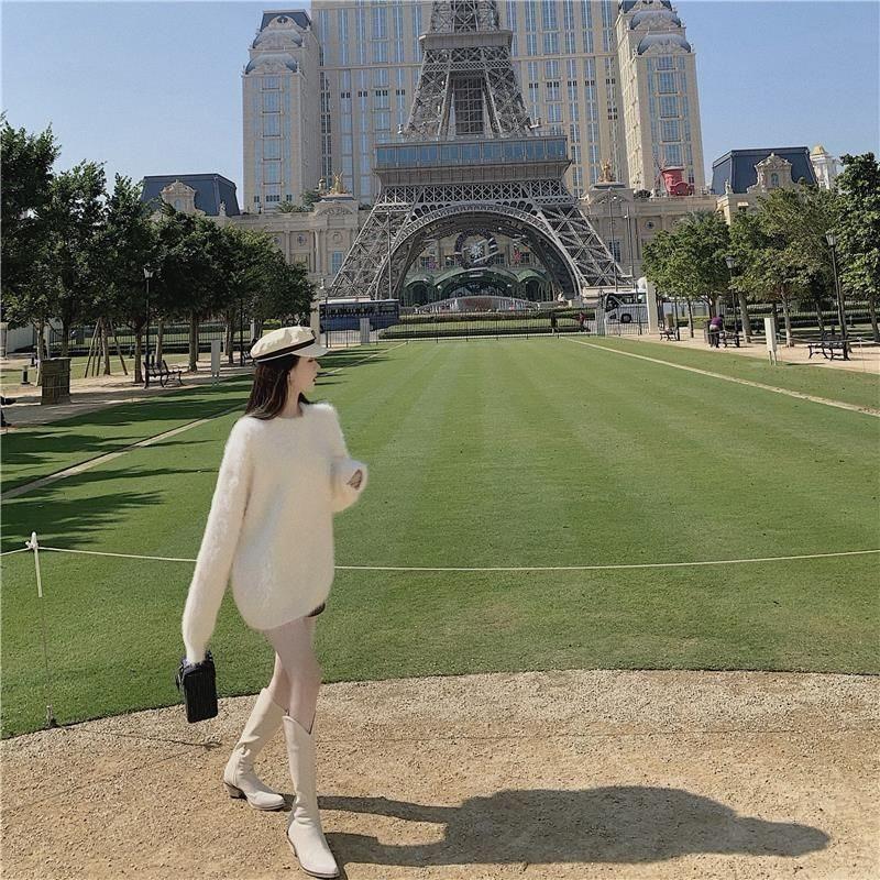 Dámský středně dlouhý kašmírový svetr z norkové příze 2025: Podzimní/Jarní Volný, Fleecem Podšitý, Silný Pletený Kardigan