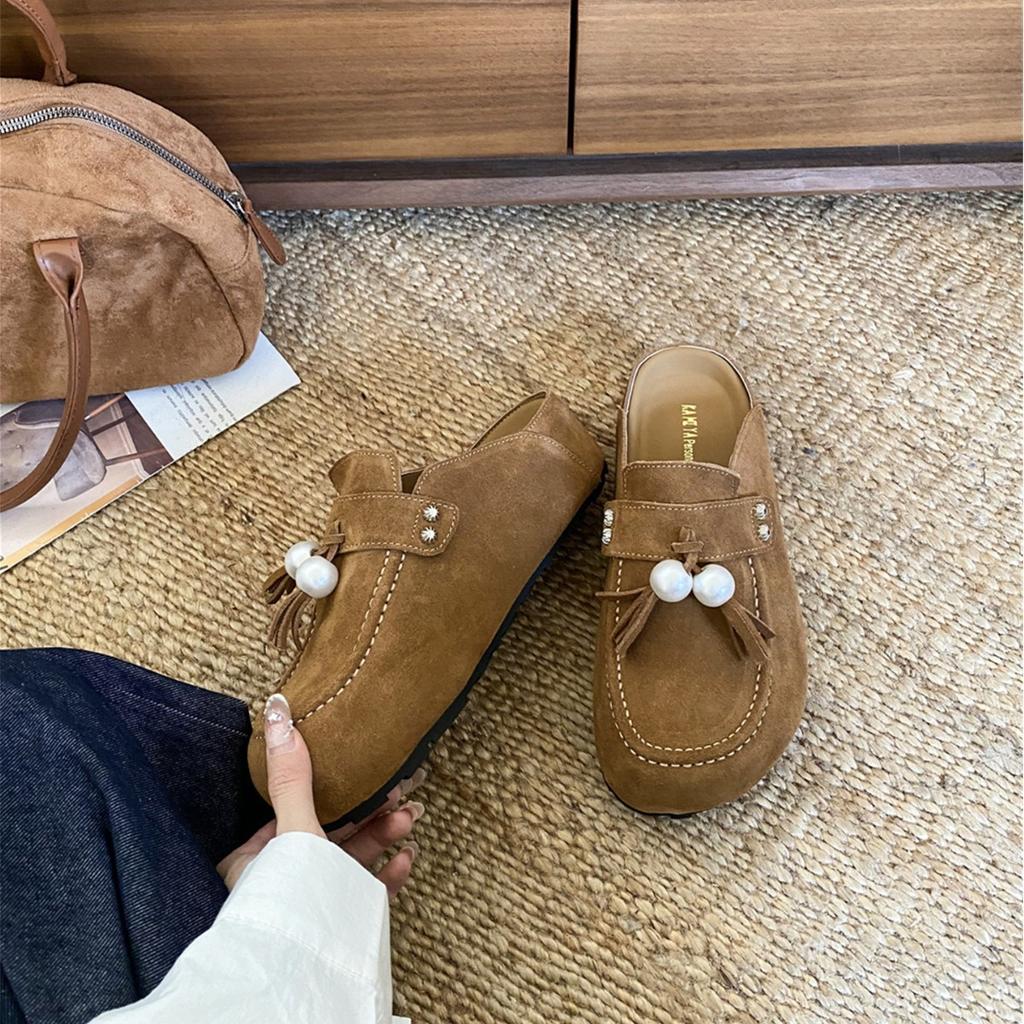 2025 Autumn and Winter New Outer Wear Thick-soled One-pedal Muller Bag Head Half Slippers Women's Fringed Cool Slippers