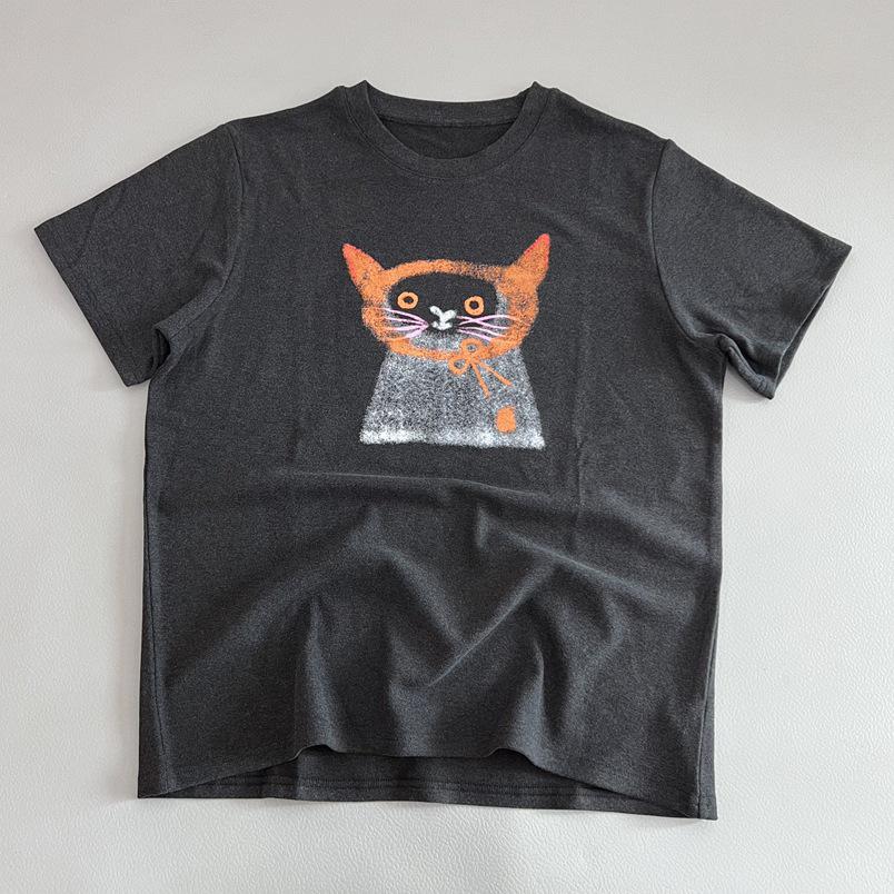 

Dark Gray Cartoon Cat Graphic Women s Casual Short Sleeve T-shirt One Size темно-серого