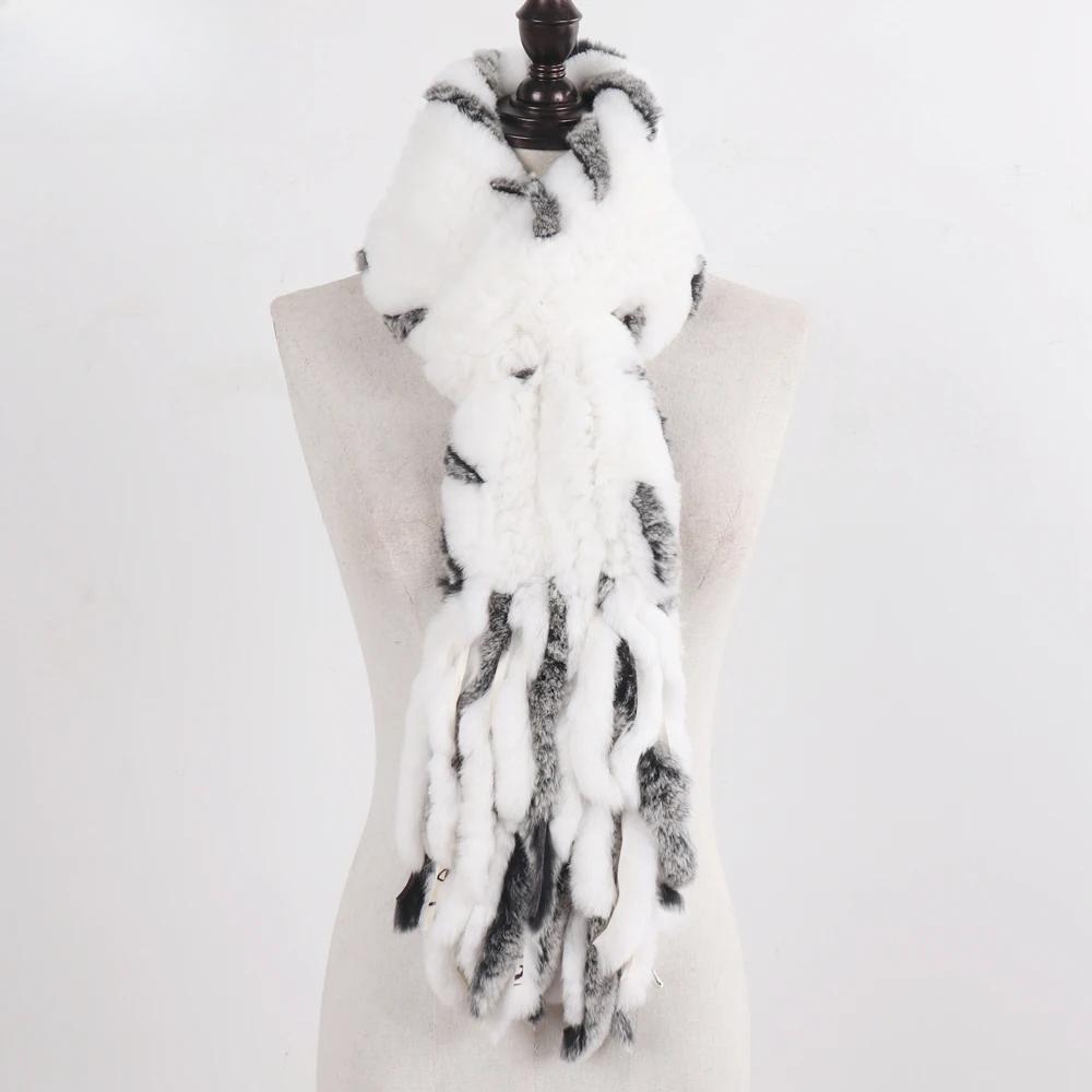 New Lady Knitted Real Rex Rabbit Fur Tassel Scarves Women Winter Warm Natural Rex Rabbit Fur Muffler Thick Knit Real Fur Scarf