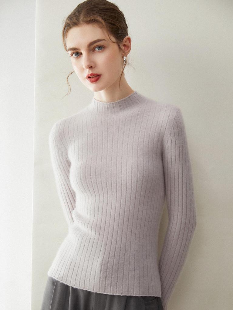 Women's 100% Pure Cashmere Striped Slim Fit Half-High Neck Sweater, Warm Autumn & Winter Knit Base Layer