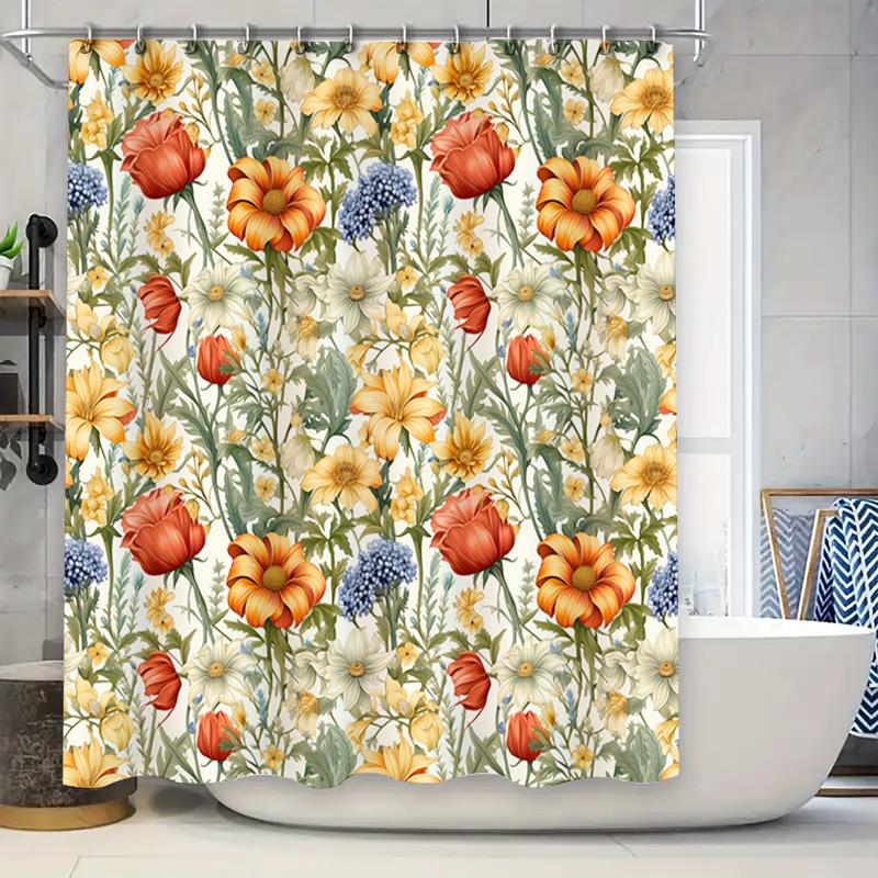 

Floral Print Shower Curtain Waterproof Bathroom Decor Orange Blossom White Daisy Watercolor Flower Pattern Bath Linen Decoration W60H190(CM)-1 Pcs