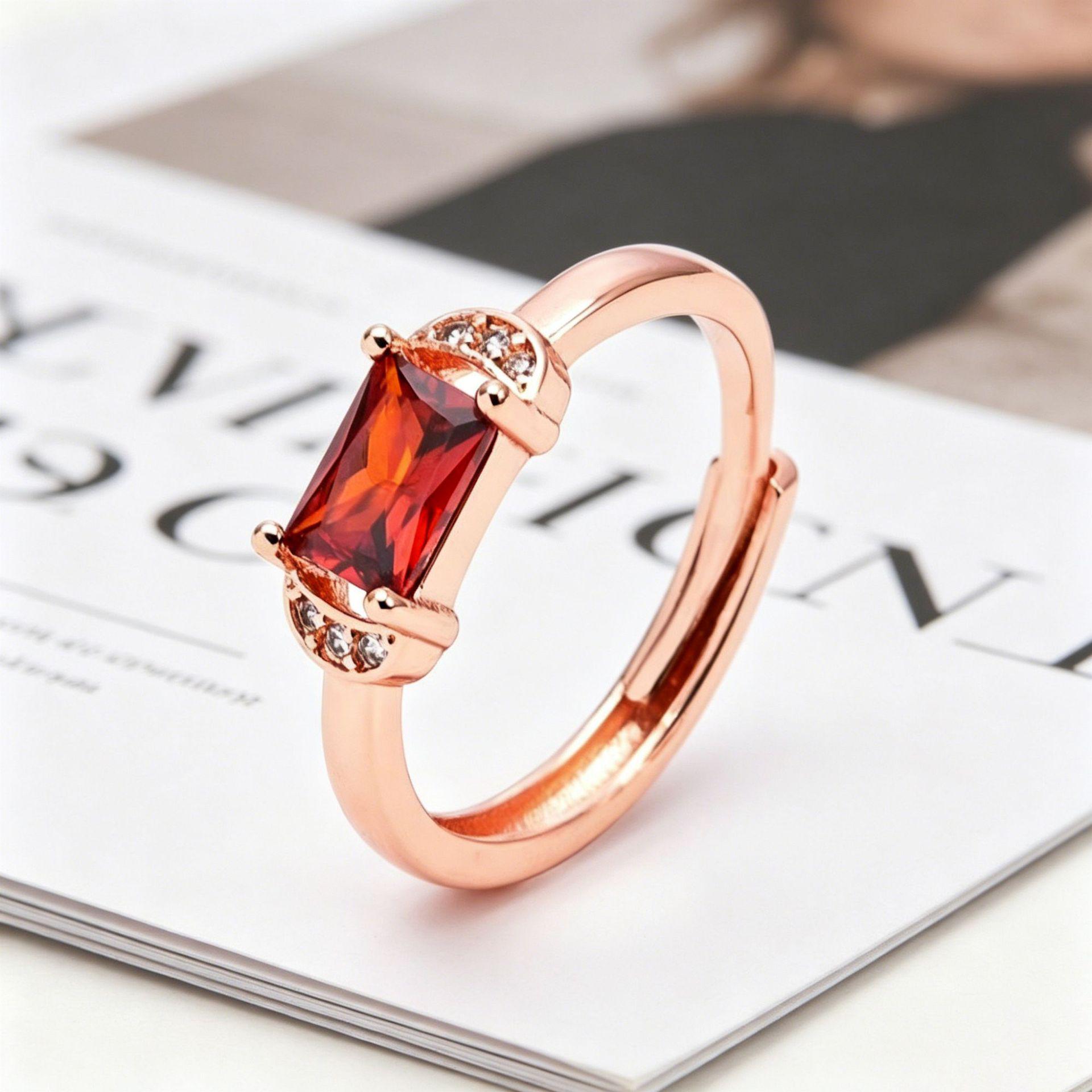 Yanbai Garnet Red Luxury Open Ring with Square Zircon Copper Micro-Inlay Adjustable