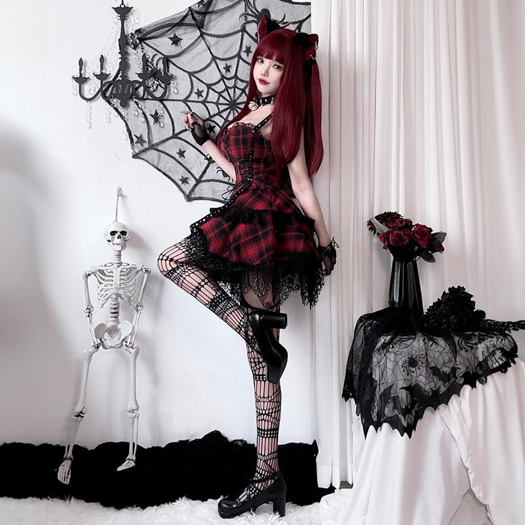 Halloween Cosplay Dress with Zipper Punk Red and Black [Milky Time] Pattern, Style, Lace, (Lace)