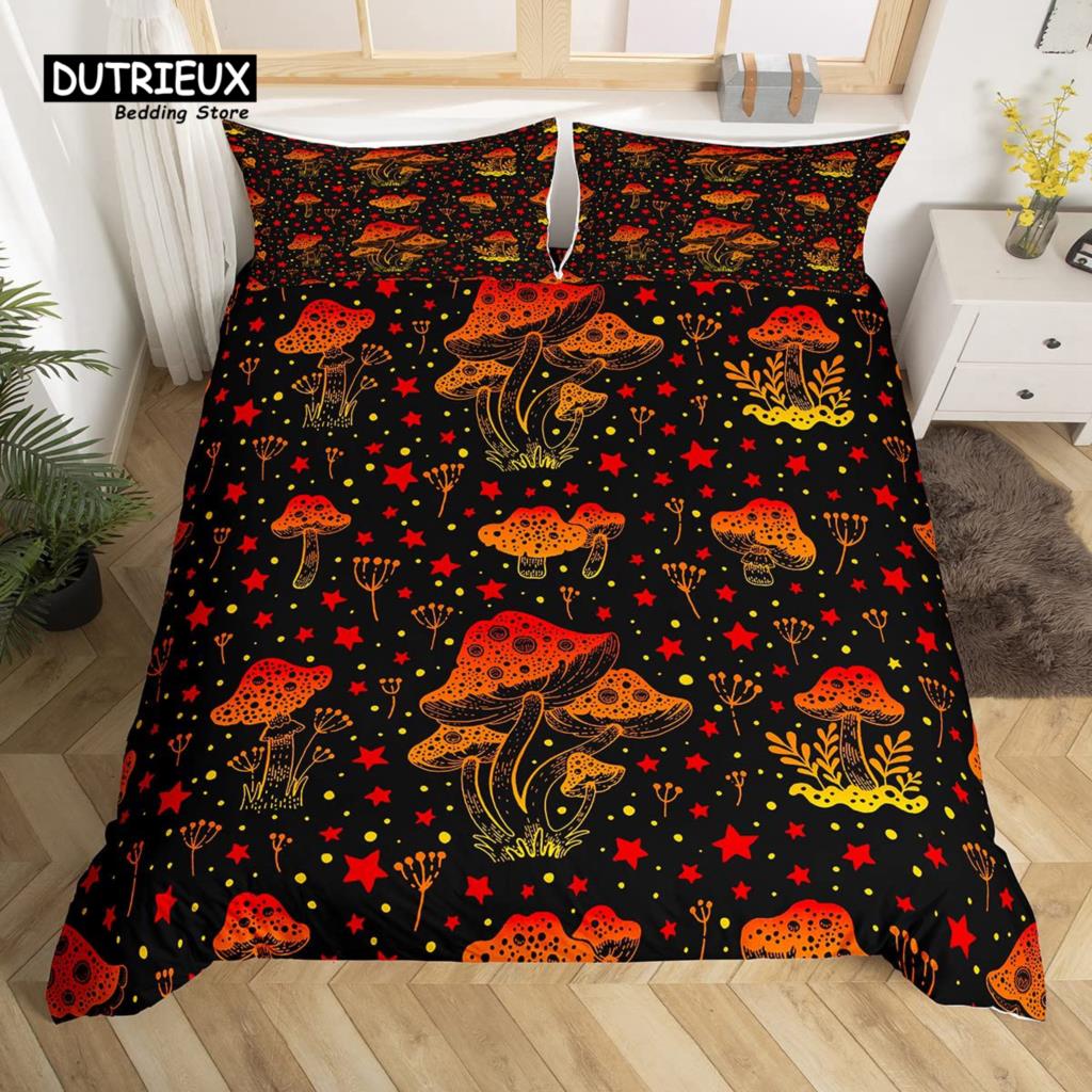 Cartoon Mushrooms Duvet Cover Kawaii Fungus Bedding Set Wild Mushroom Stuff Comforter Cover Twin King for Boys Girls Room Decor