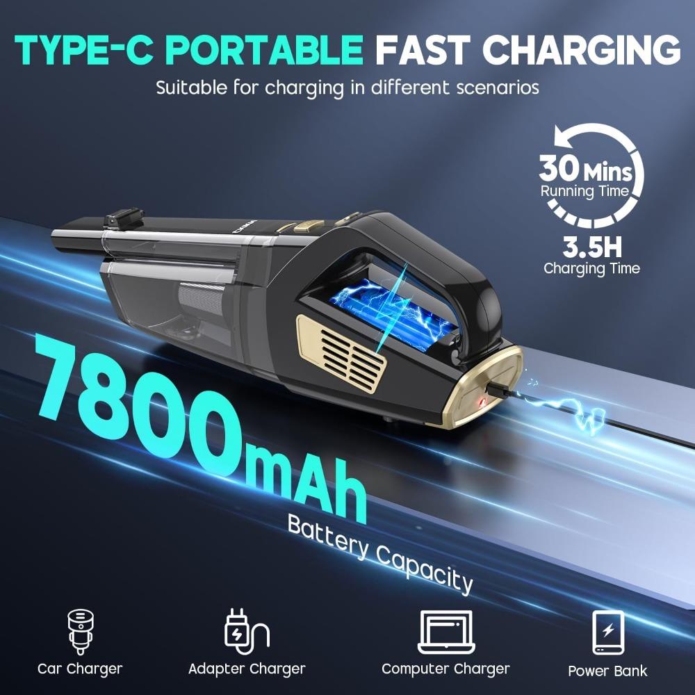 Handheld Vacuum Cordless, 15000PA Strong Suction Hand Held Car Vacuum Cleaner Portable with Multi-Nozzles & Washable Filter, Lig