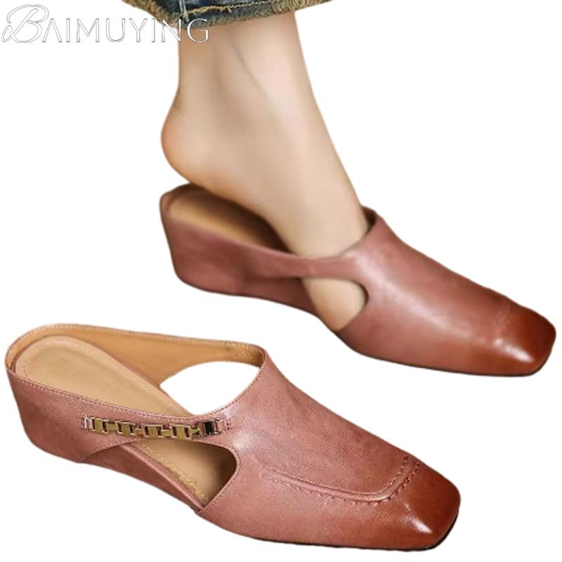 Women Wedges Sandals Summer Mules Slippers Square Toe Shoes 2025 New Casual Slingback Shoes Dress Party Woman Zapatos