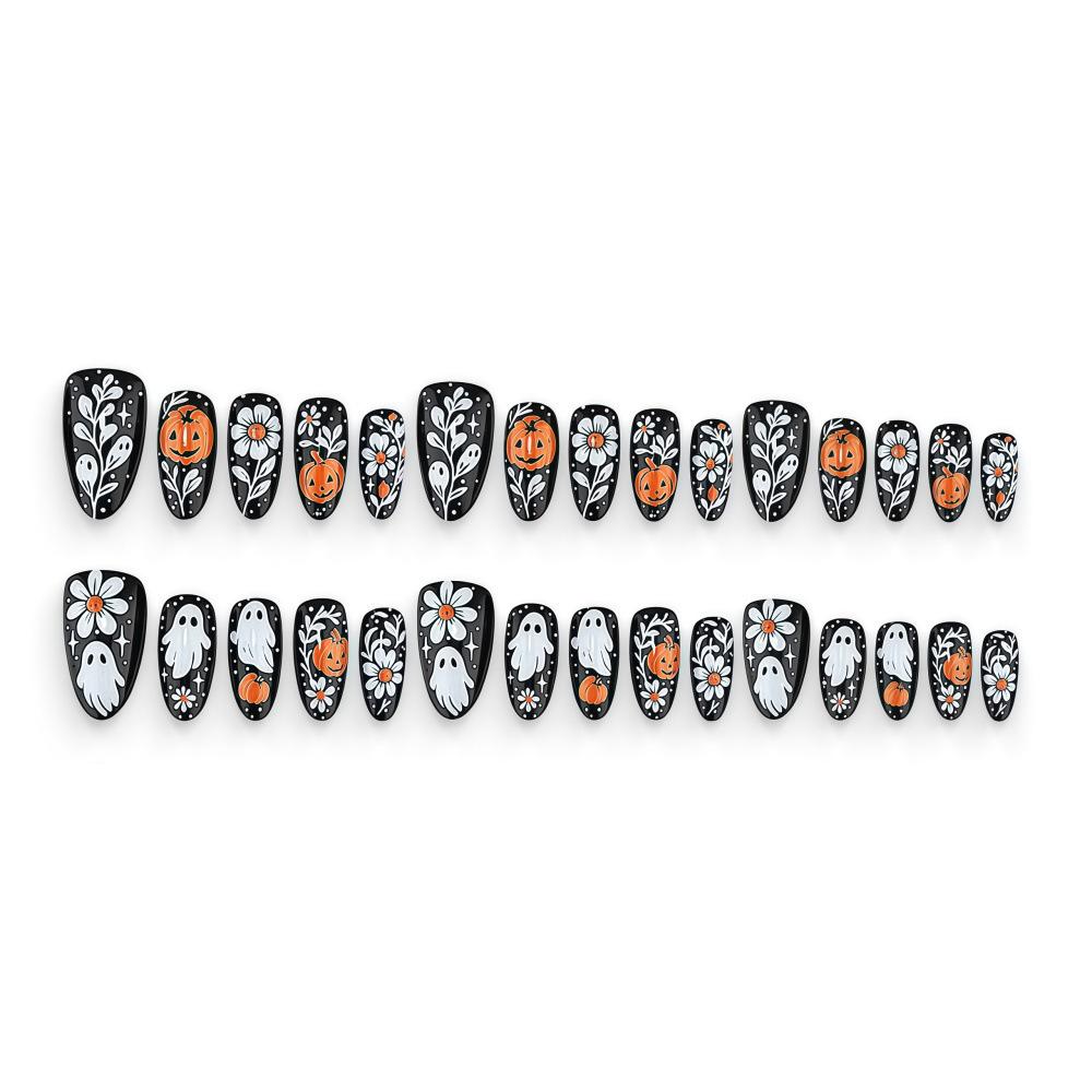 Soft Cute Ghost Halloween False Nail Stickers - Sweet Pumpkin Lantern Nail Art
