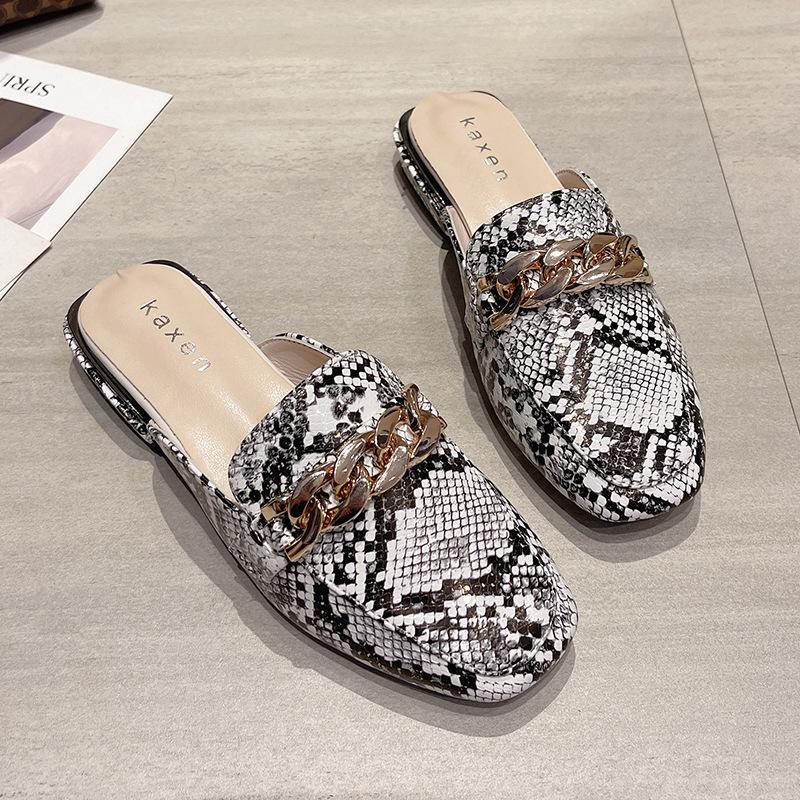 Summer new Baotou half-drag female flat-bottomed snake pattern lazy sandals female