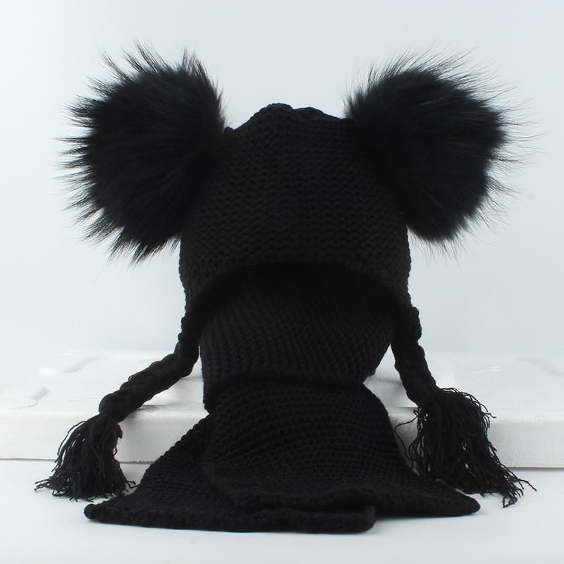 Kids Wool-Blend Knit Beanie With Double Pom Poms Ear Flaps Toddlers Ages 6M-12Y