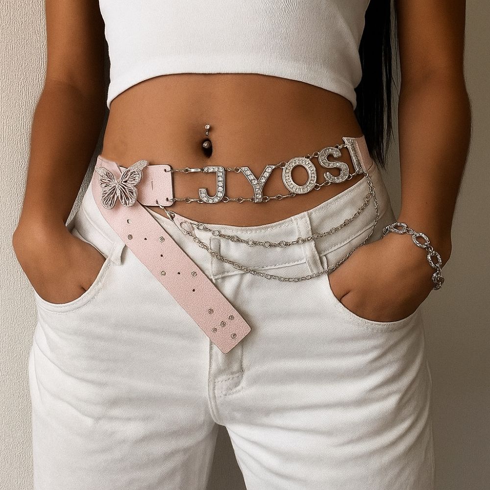 PU Leather Rhinestone Belts Spice Girl Y2K Waistband Punk Butterfly Waist Chain  Skirt Accessories