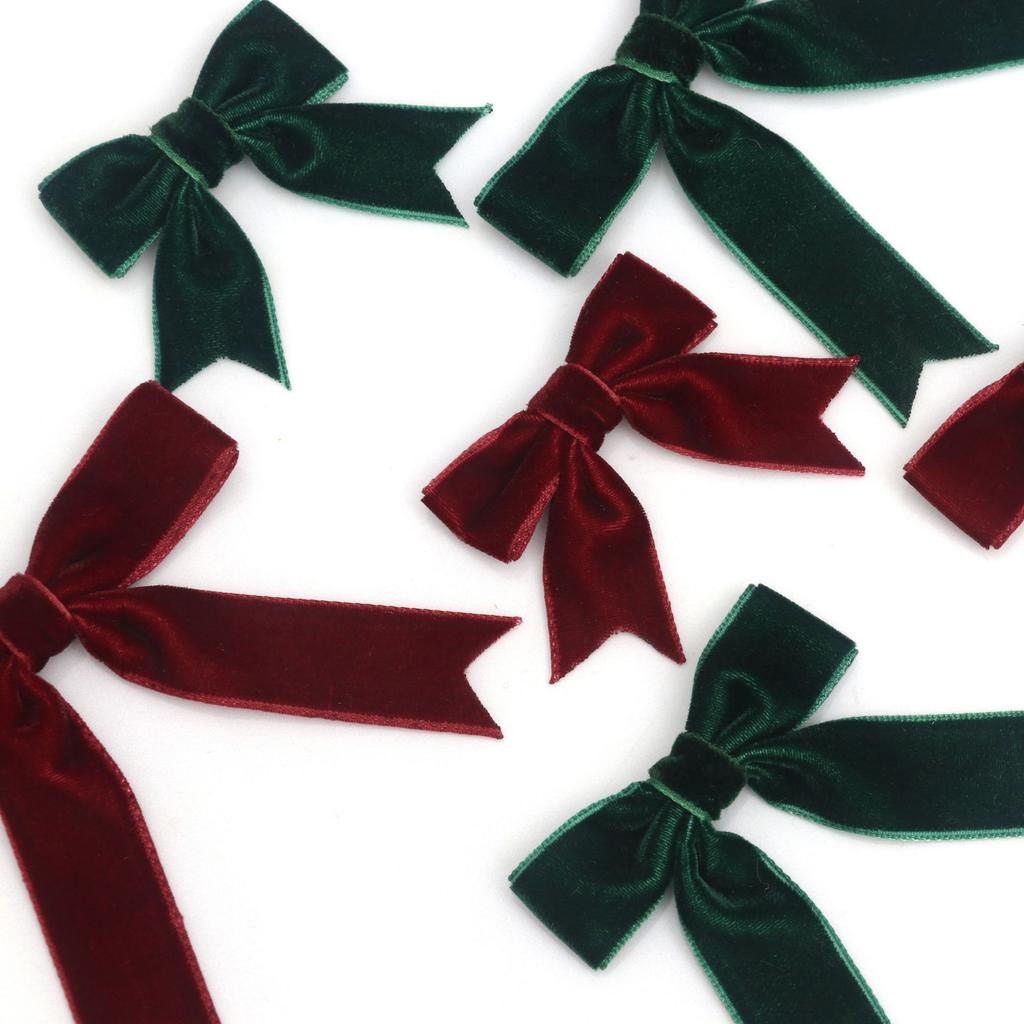 Christmas Red Green Velvet Bow Tie Handmade Tail Cut Christmas Tree Gift Box Decoration 50 Pieces Festive Ribbon Bows For Holiday Decor