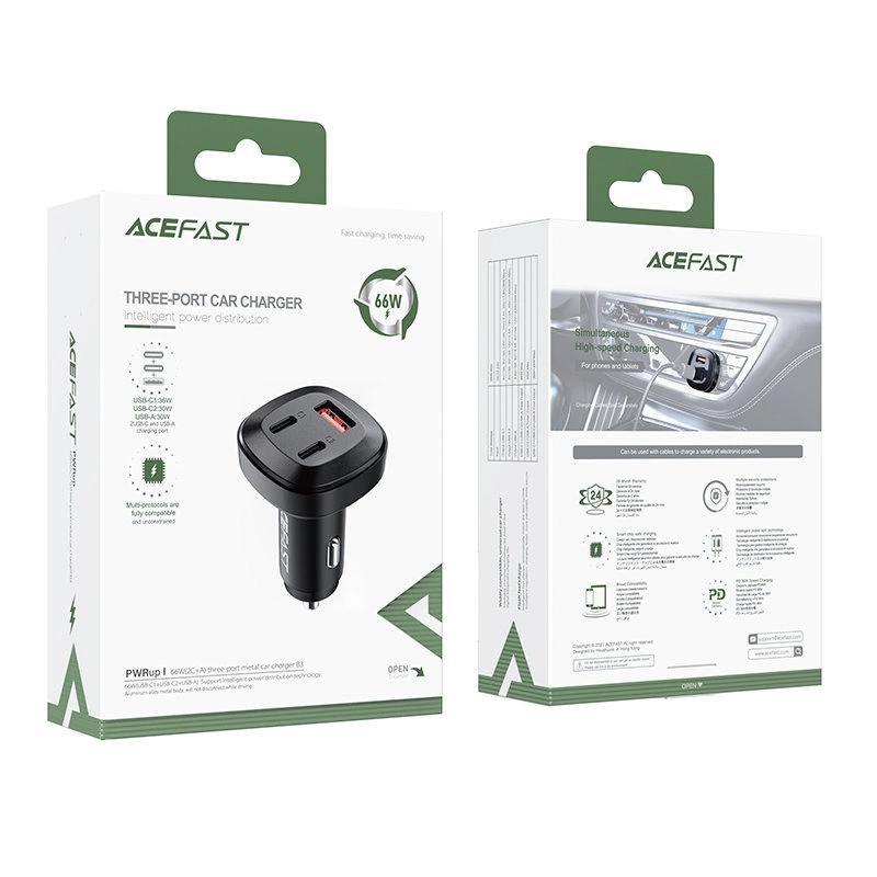 Acefast Ładowarka Samochodowa 66W 2X Usb Typ C / Usb, Pps, Power Delivery, Quick Charge 4.0, Afc, Fcp, Scp Czarny (B3 Black)