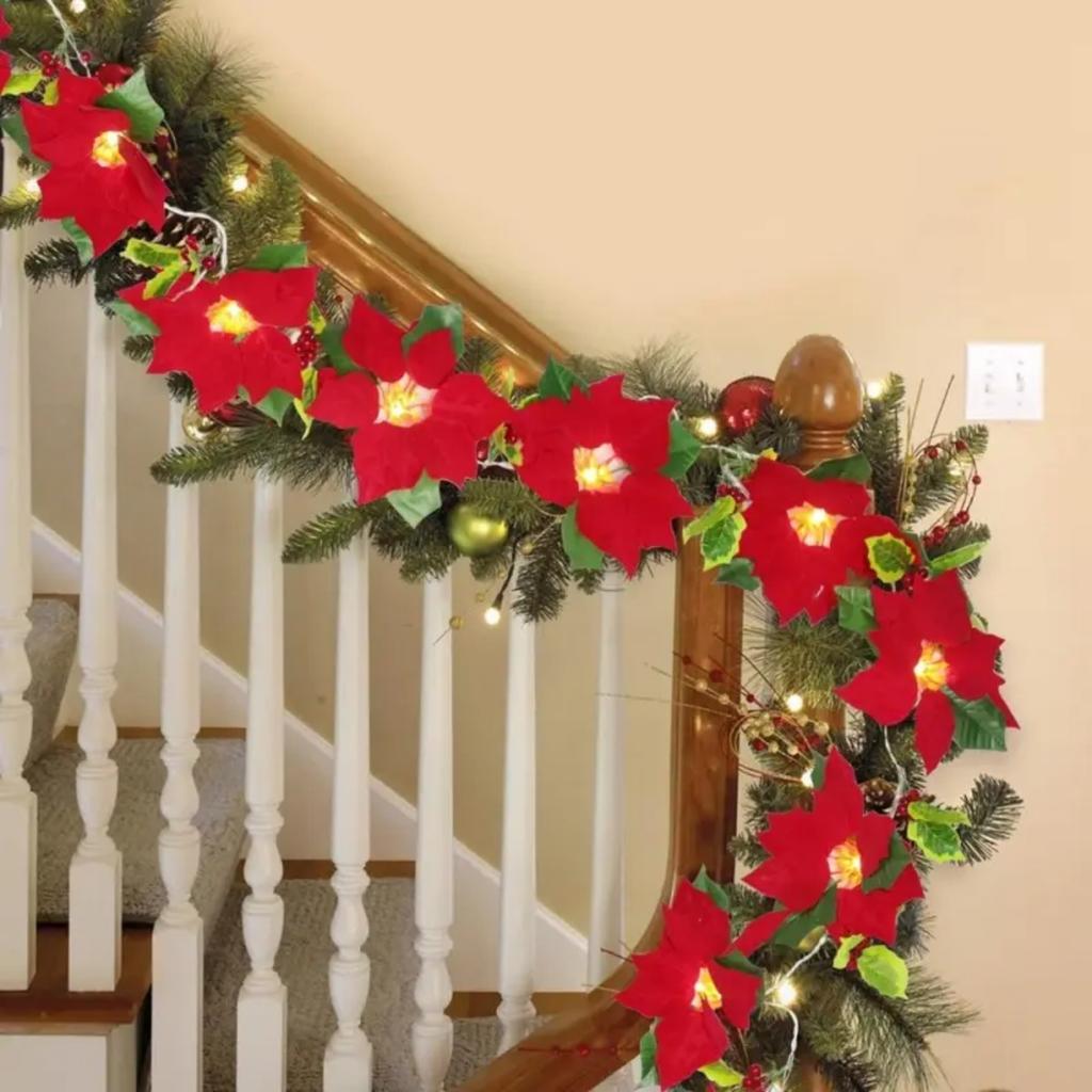 Red Poinsettia Floral String Lights Durable Plastic Holiday Lights Battery Powered Garland For Home Indoor Outdoor Decor