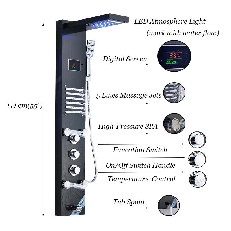 Digital Display Rainfall LED Light Shower Panel Shower Bathroom Black SPA Massage Jet With Handshower Bidet Sprayer Shower Tap
