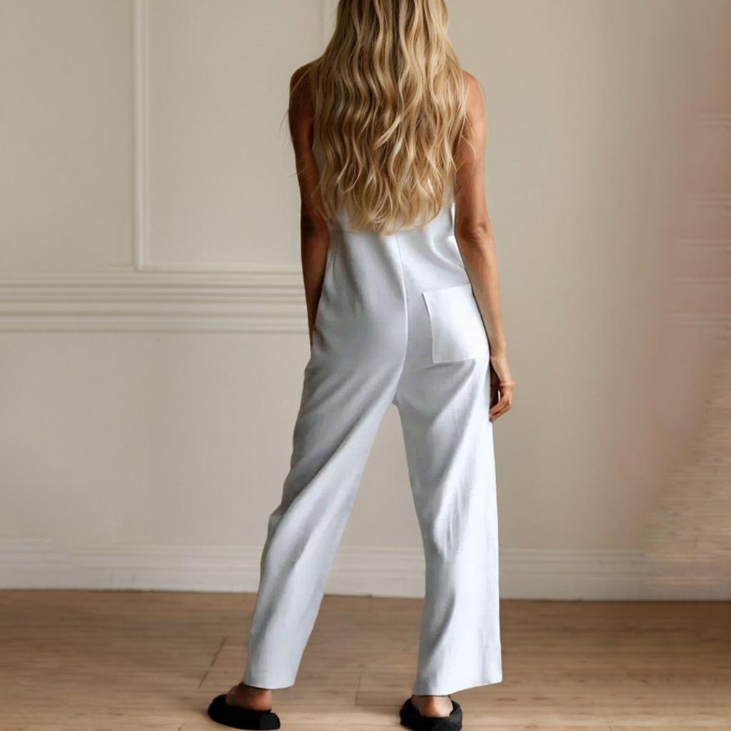 Ladies' Fashionable Solid Color Loose Sleeveless Single Breasted Wide Leg Jumpsuit