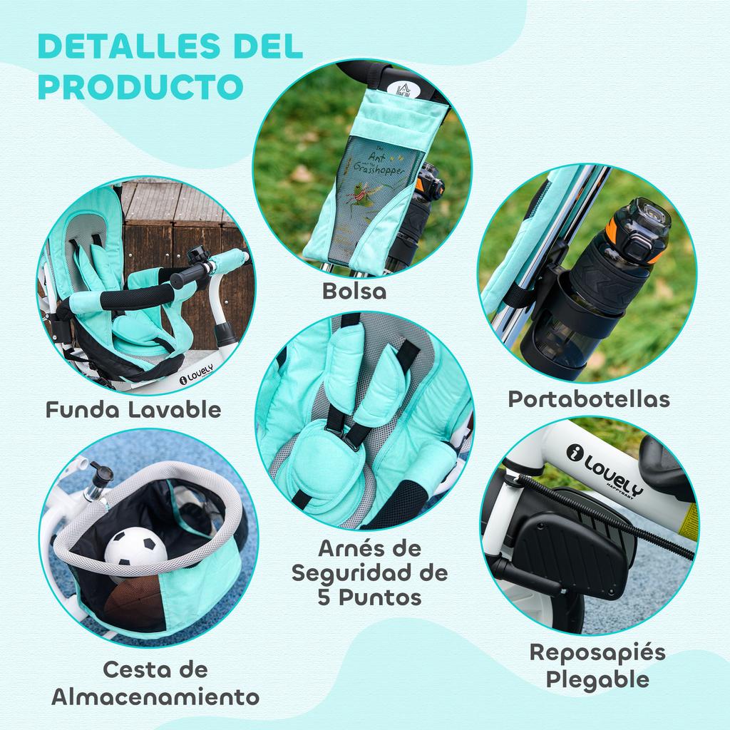 Baby Tricycle, 12+ Months, Telescopic Push Handle, Mom Bag, Bottle Holder, Mint Green