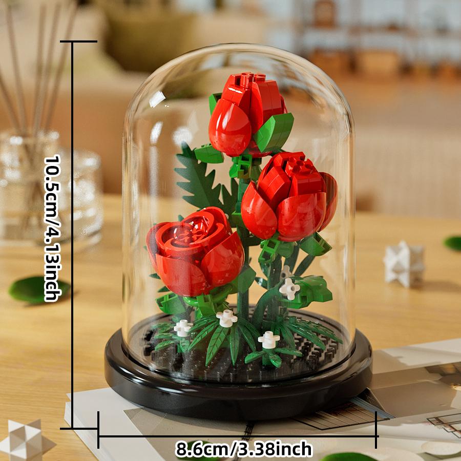 Potted Succulent Building Block Bouquet Desktop Plant Ornament with Dust Cover, Rose Sunflower Assembly Toy, Christmas Gift