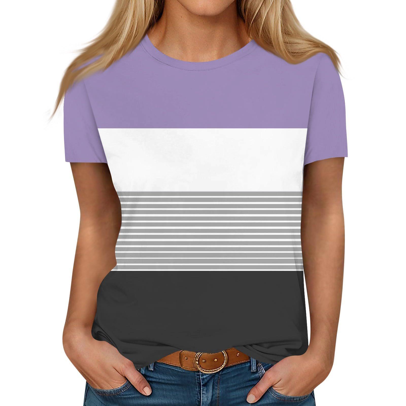 

Summer Round Neck 3D Color - Block and Striped Print Top Fashionable Casual Short Sleeved Women s T-shirts XS