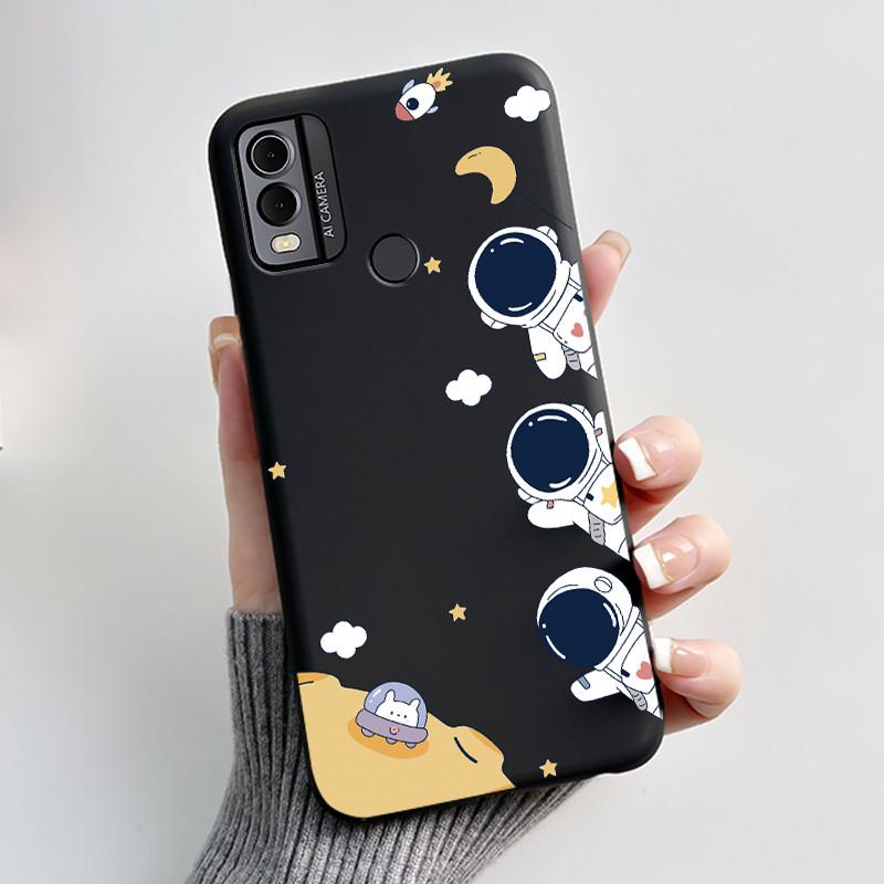 Coque Pour Nokia C22 Étui Pour Nokia C32 Coque de Téléphone Arrière Silicone Souple Noir TPU Esthétique Mignon Chat Astronaute Coque Bumper