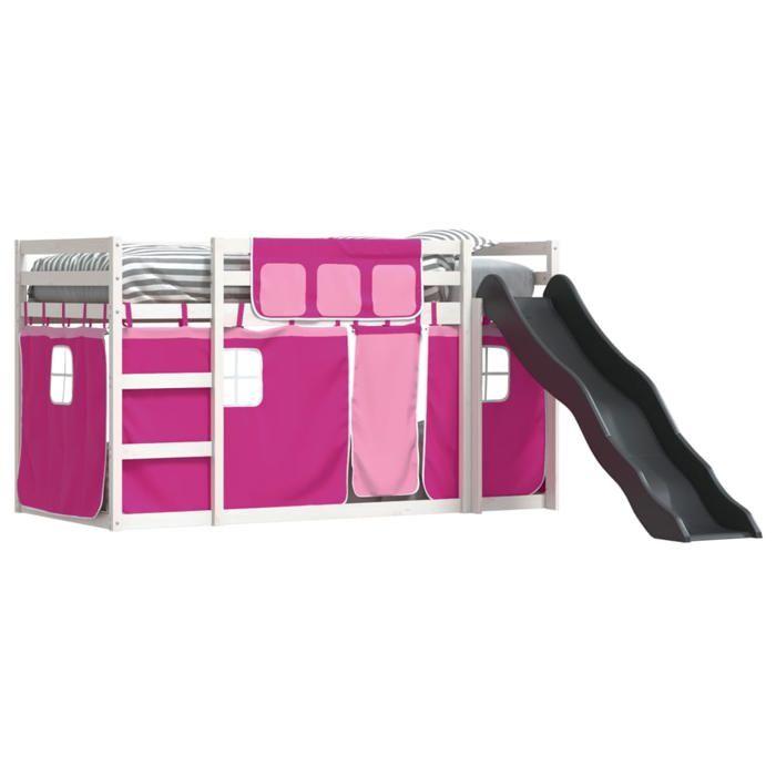 VidaXL Lit superposé avec toboggan et rideaux rose 90x200 cm, lit, cadre de lit, lit superposé bas, meuble de chambre à 3284112