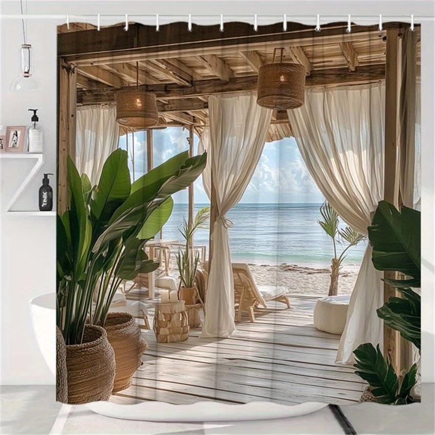 

Beach Hut Shower Curtain Ocean View Wooden Deck Tropical Paradise Waterproof Fabric Coastal Bathroom Decor W60H190(CM)-1 Pcs