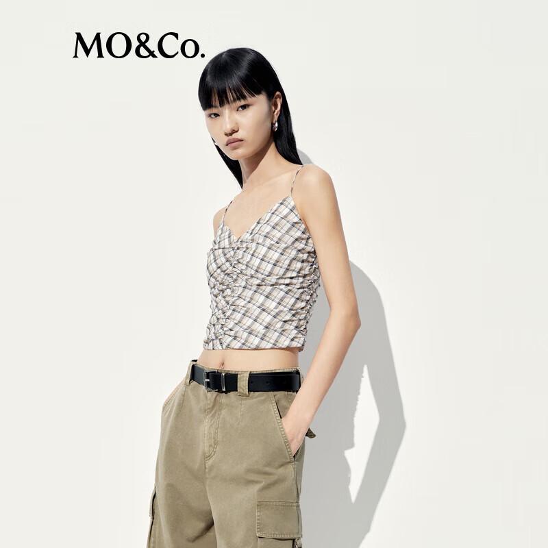 MO&Co. Tencel Blend Cropped V-Neck Plaid Camisole