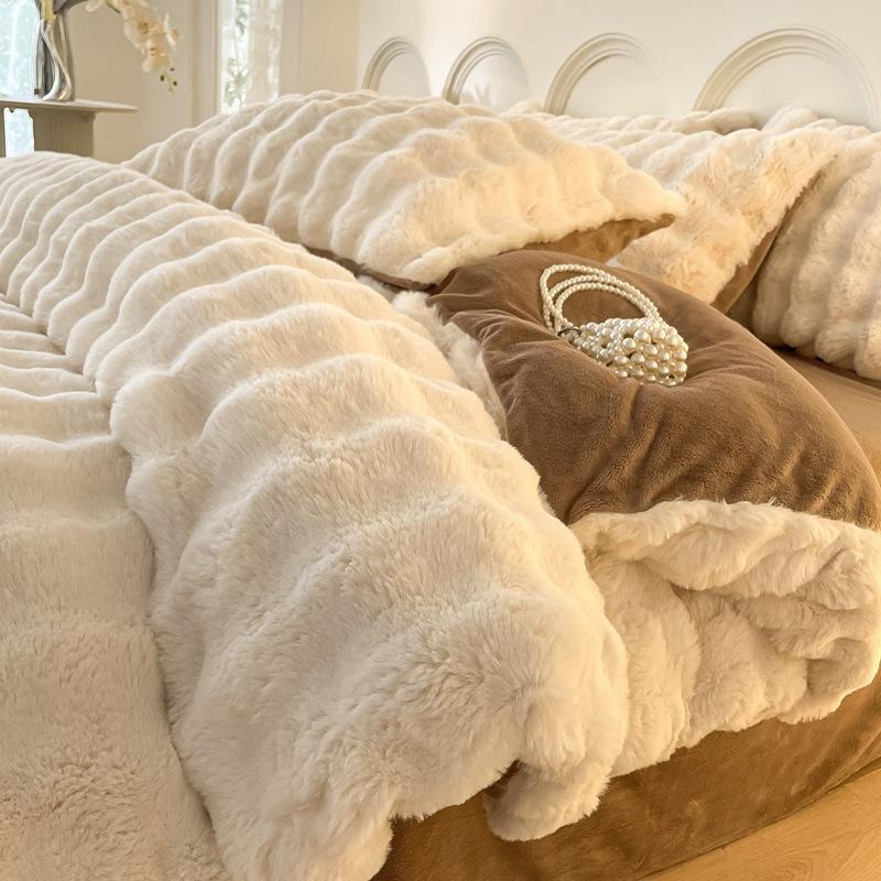 

Комплект из четырех предметов из кроличьего флиса, простыня из молочного флиса, пододеяльник, зимний утолщенный фланелевый флис, комплект из трех предметов для двуспальной/односпальной кровати 1.8m 200 230cm 4pcs