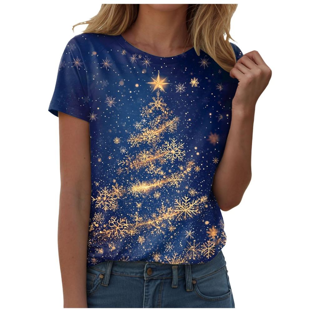 Women's Round Neck Short Sleeved T-shirt, Paired with a Charming Christmas Tree Gift Snowman Print Top