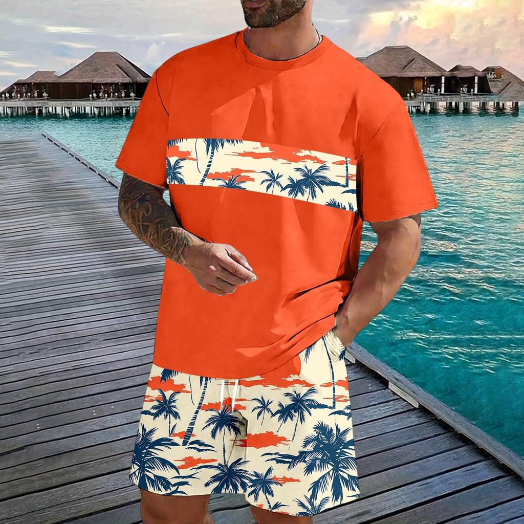 Men's Casual Two Piece Set Short Sleeve T Shirt and Elastic Waist Drawstring Shorts Summer Outfit Lightweight Comfortable Fit