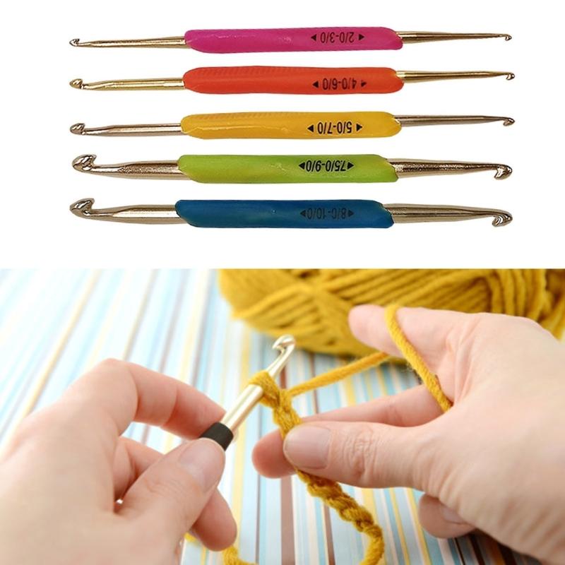Zestaw 5 szt./zestaw podwójnych szydełek Zestaw aluminiowych igieł do robienia na drutach z miękkim uchwytem Akcesoria do szycia igieł do szydełkowania