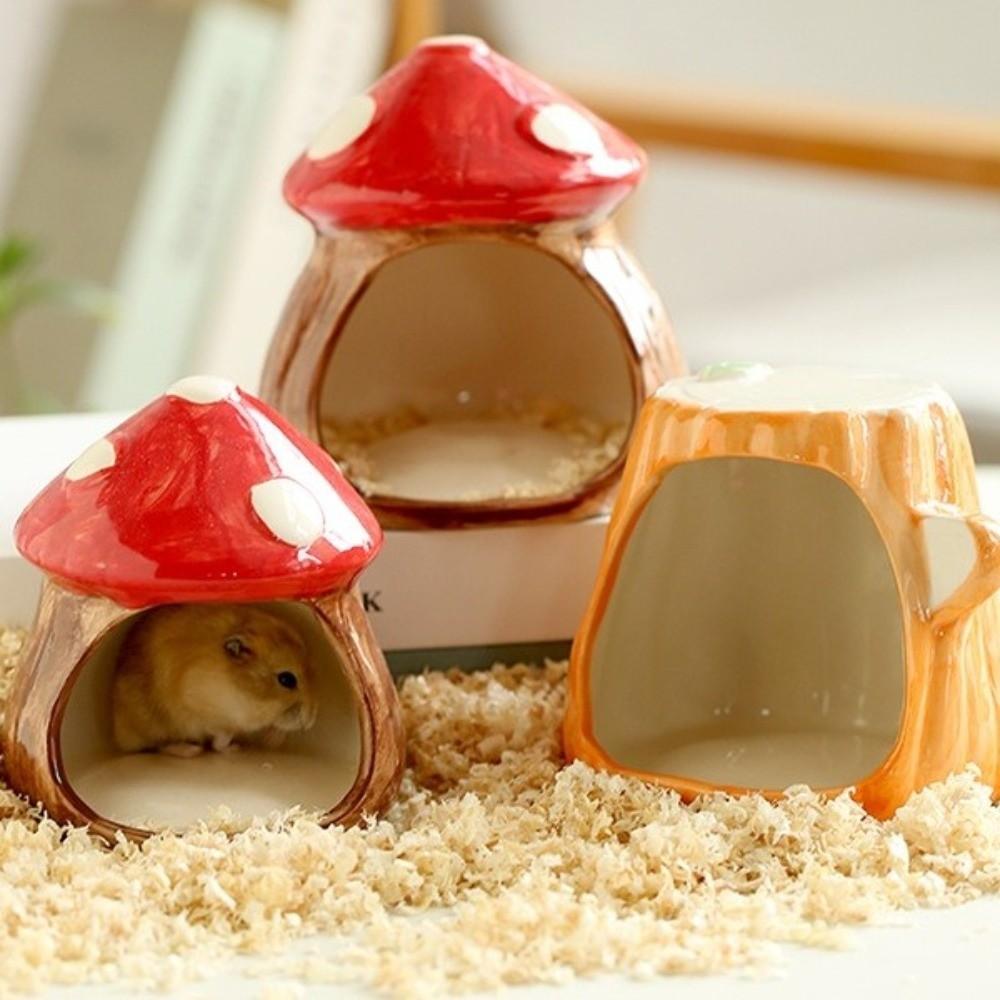 Mushroom Shaped Ceramic Hamster Hideout Chew-Proof Pet Sleeping Nest for Turtle Hedgehog