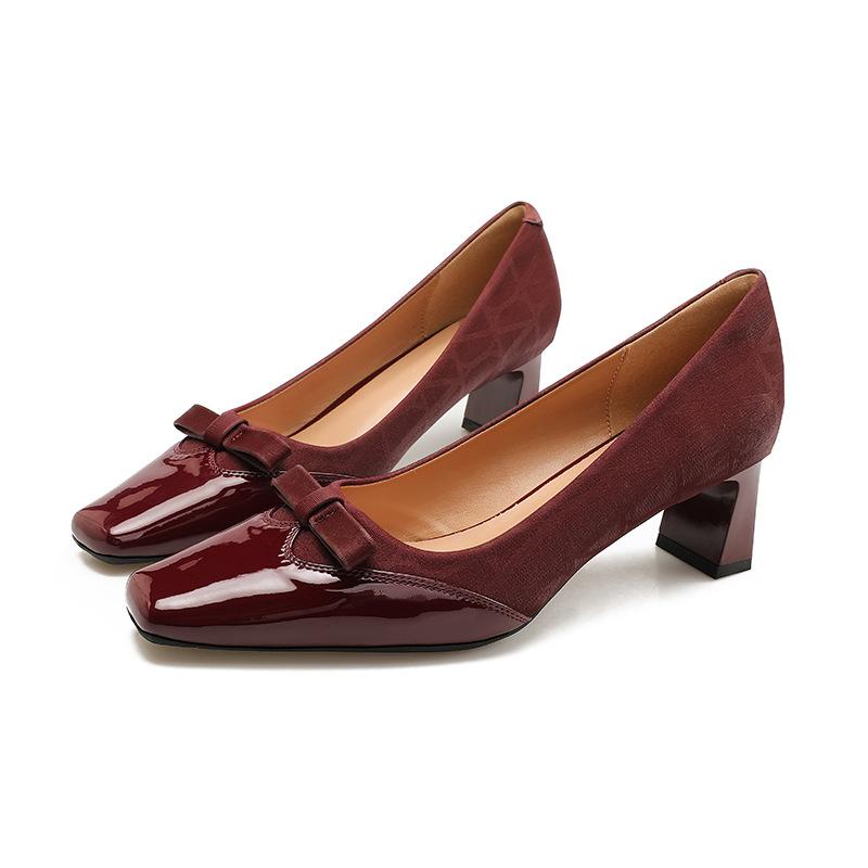 French high heels women's thick heel spring and autumn 2025 new red bow middle heel shoes splicing small fragrant single shoes