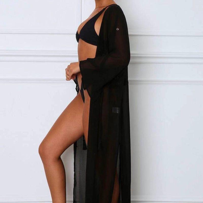 

Модный шифоновый кардиган на пуговицах для защиты от солнца, блузка для бикини, купальник, верхняя одежда, пляжная куртка, женская юбка для отпуска Black M