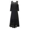 Women Lace Patchwork Ruffle Sleeve Pullover Dress Cold Shoulder Midi Dress with Floral Hemline for Casual and Semi-Formal Wear