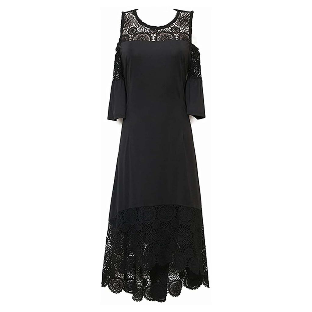 Women Lace Patchwork Ruffle Sleeve Pullover Dress Cold Shoulder Midi Dress with Floral Hemline for Casual and Semi-Formal Wear