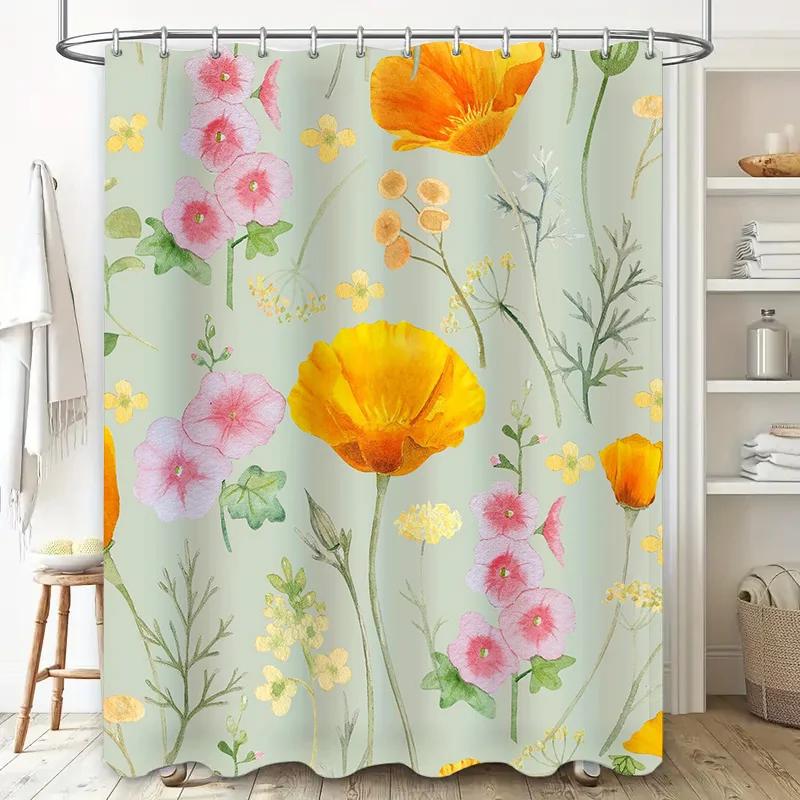 Colorful Floral Bath Curtain Waterproof Fabric Shower Room Decoration  for Bathroom Decor Home Accessories in Green Yellow