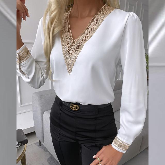 2021 Autumn Lace Trim V-Neck Long Sleeve Women's Shirt