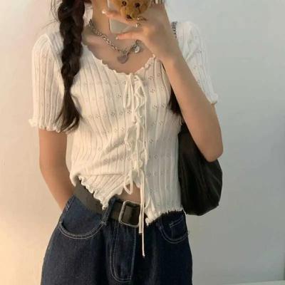 Design Sense Riemchen-Kurzarm-Strickpullover Dünn Damen Sommer Neue Koreanische Version Schlankes Kurzes Basishemd Top