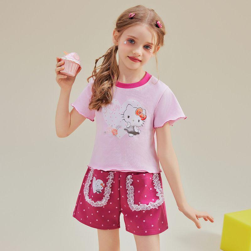 Hellokitty Girls  Summer Outfit Set, Sweet Two-Piece Set, 2025 New Style, Contrasting Color Lace, Casual Cartoon for Baby Girls Pink 110