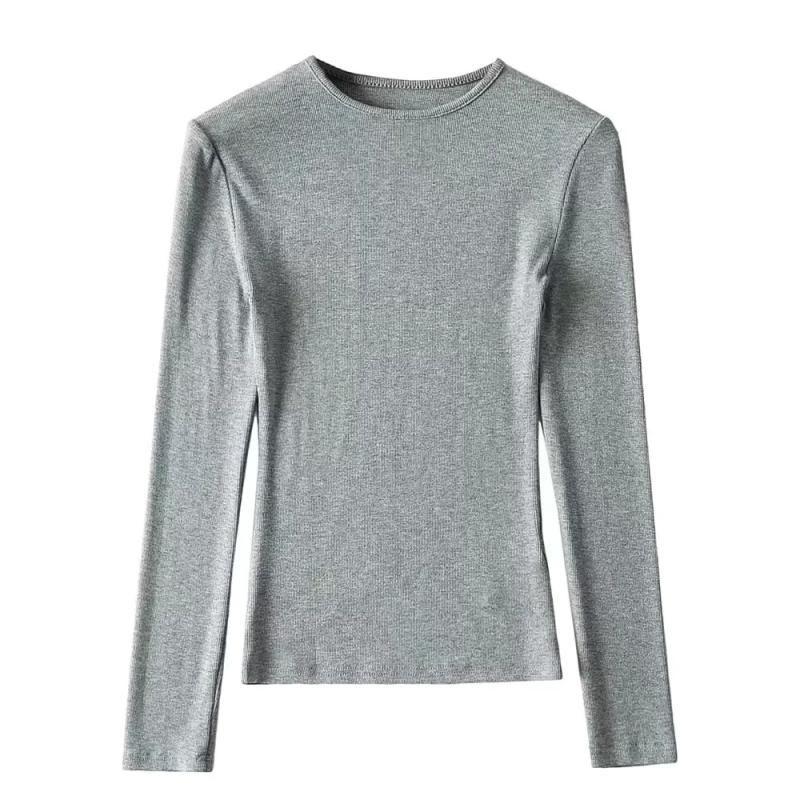 

Long Sleeve Slim-Fit Solid Color T-shirt Minimalist Thread Pullover Light gray S