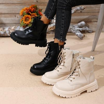 Großgrößen Herbst/Winter 2025 Damenstiefel Martin Boots mit Fleece Dicke Sohlen und Schnürung Schwarze Klassische Stiefeletten für Damen
