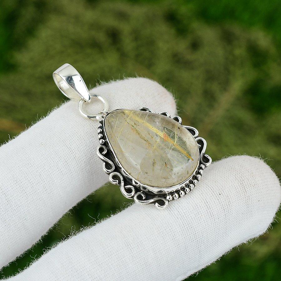 

925 Silver Pear Natural Golden Rutile Unique Anniversary Wedding Pendant Jewelry