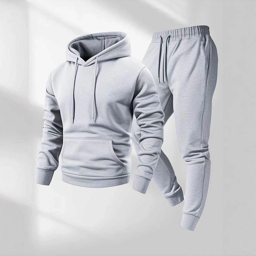 250g Men's Trendy Sports Hoodie & Sweatpants Set - Plain Color