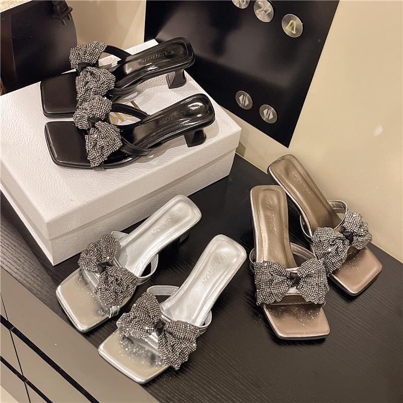 One-word Bow Open-toed High-heeled Rhinestone Fashion Fairy Wind Cool Slippers 2025 New Women's Summer Wear